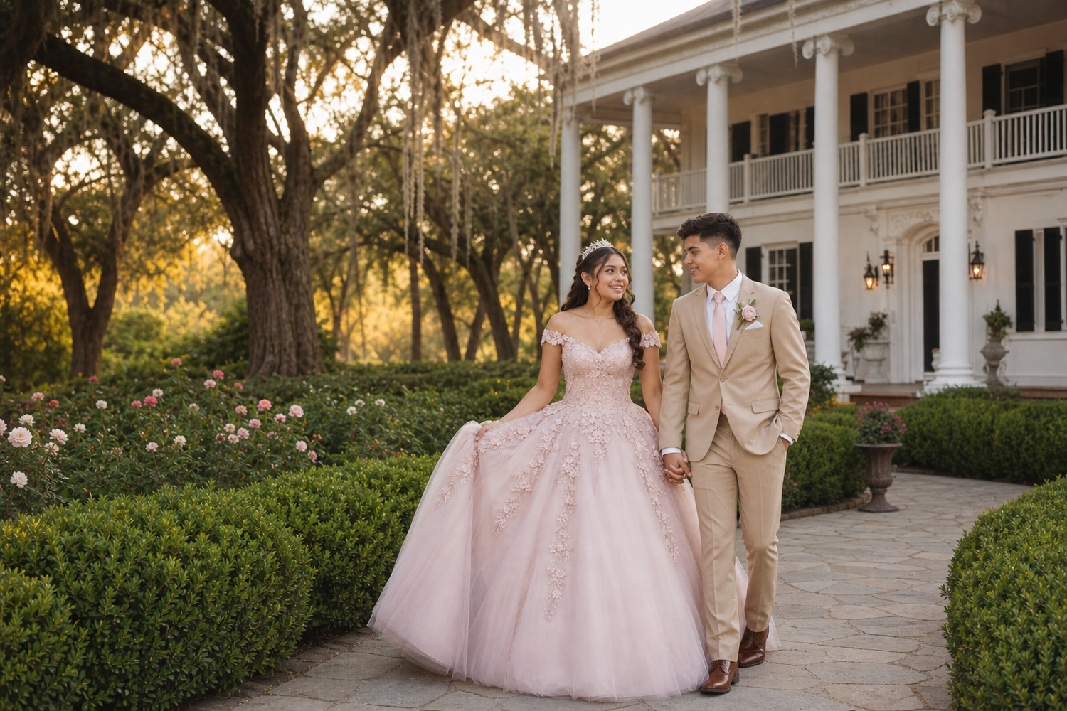 Couple in pink ball gown and tan suit walking hand in hand at elegant white mansion garden at sunset.