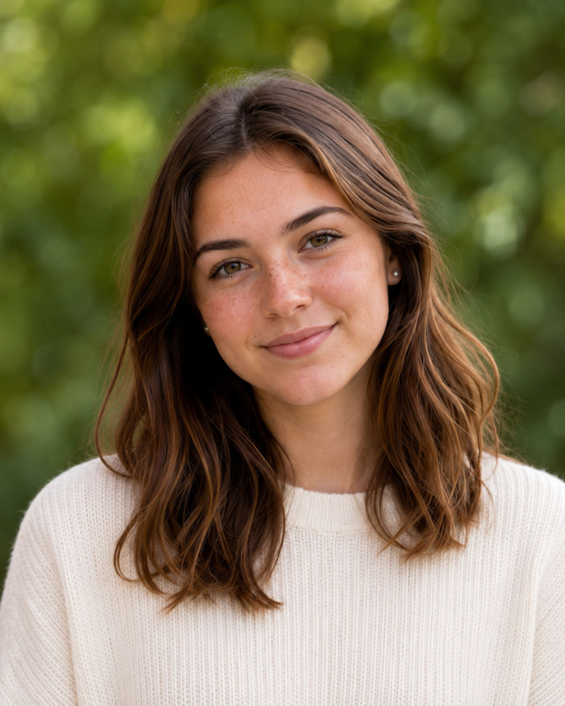 Young woman with brown hair in white sweater smiling outdoors with green background.