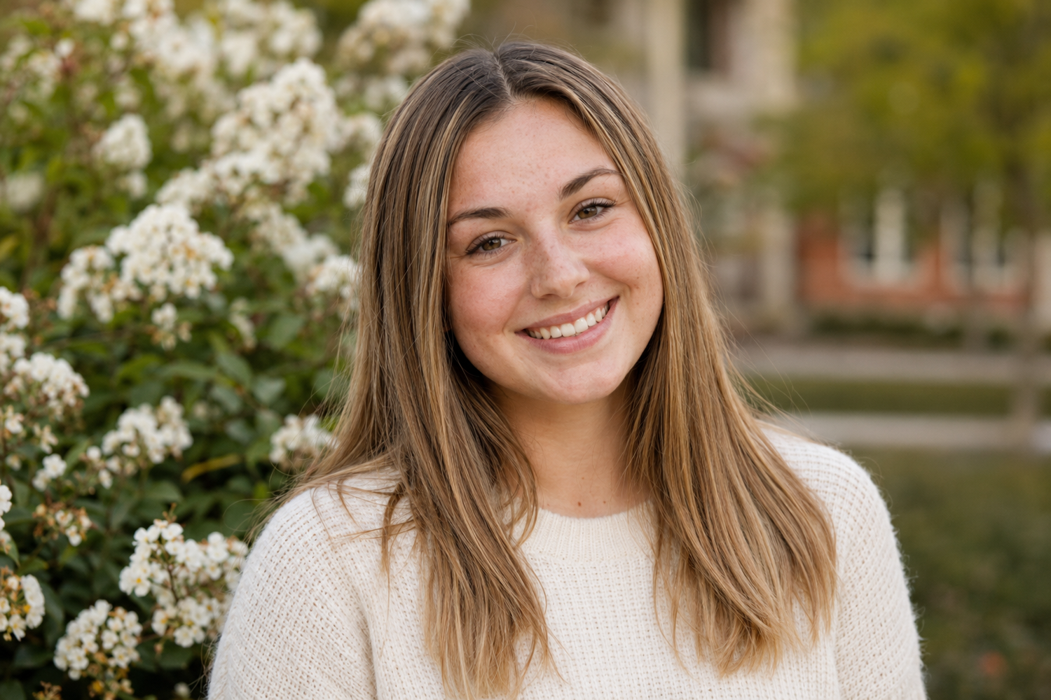 Smiling young woman with long blonde hair in white sweater posing near white flowering bushes.