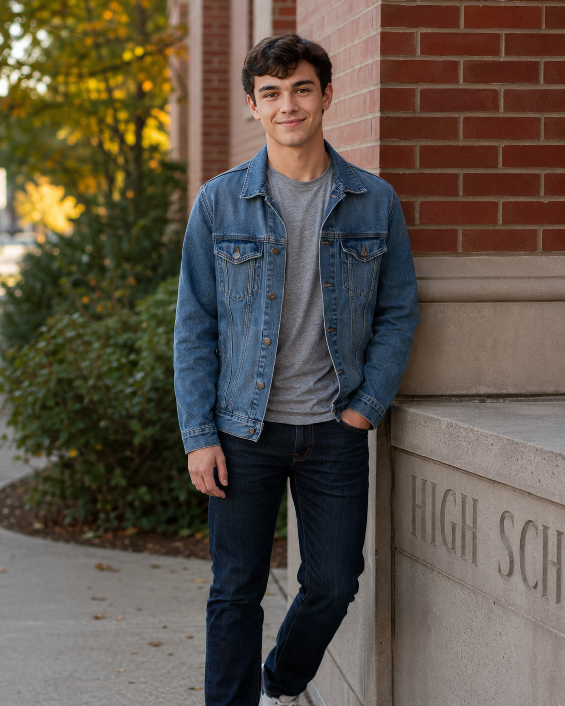 Smiling teenage boy in a denim jacket and jeans leaning against a brick wall outside a high school.