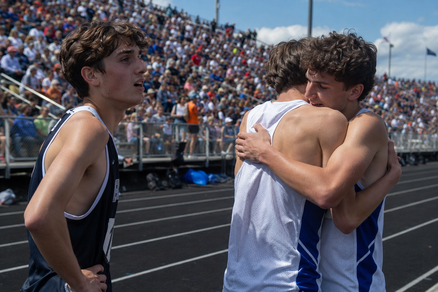 Two high school track athletes embrace after a race while a teammate looks on at a crowded outdoor stadium.