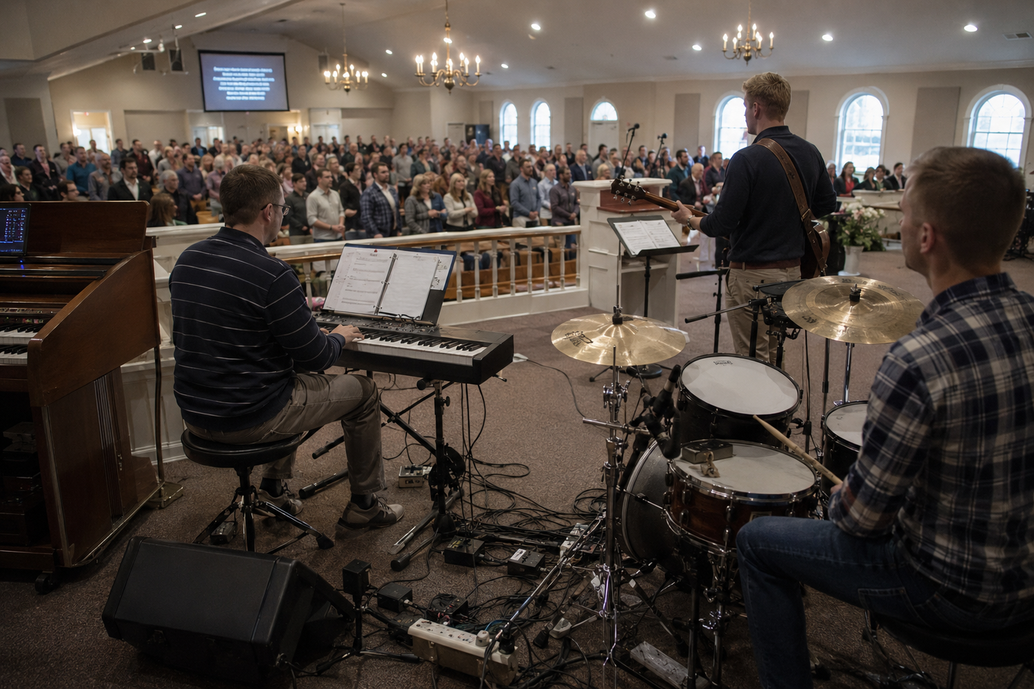 Live worship band performs on stage before a large congregation in a bright church sanctuary.