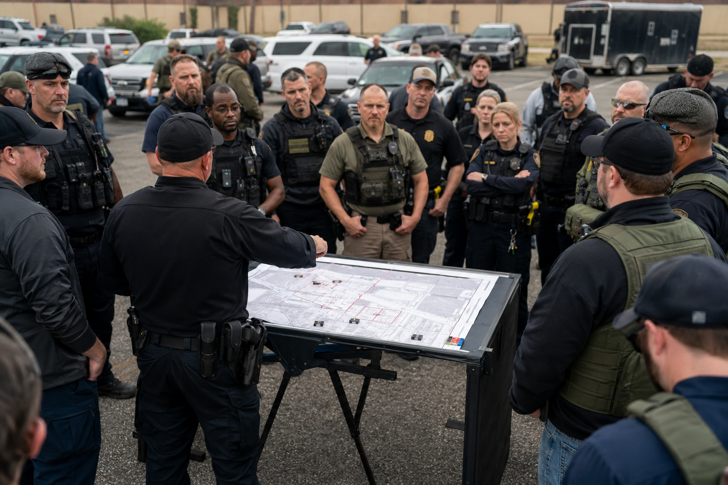 Law enforcement officers in tactical gear review operational map during pre-mission briefing in parking lot.