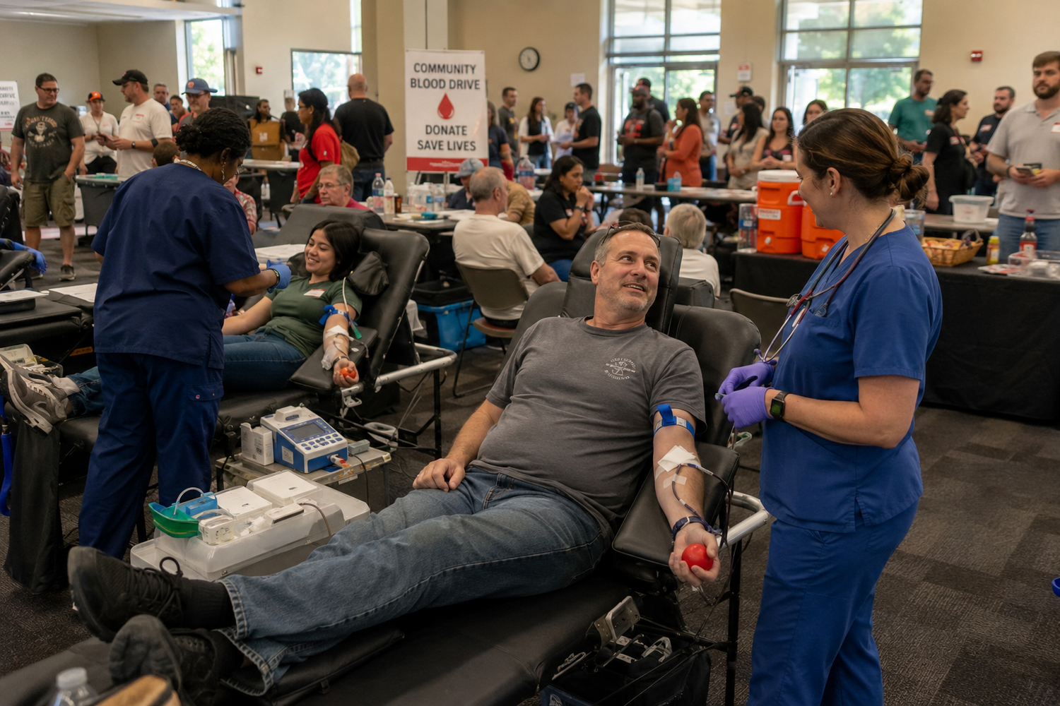 Community blood drive event with donors reclining in chairs while medical staff in scrubs assist them.