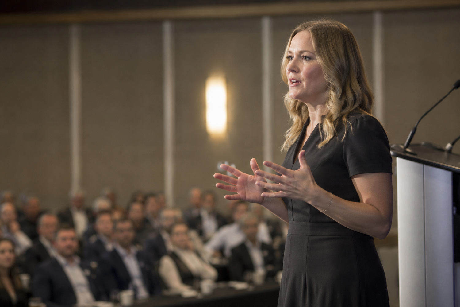 A blonde woman in a black dress speaks passionately at a podium before a large audience at a conference.