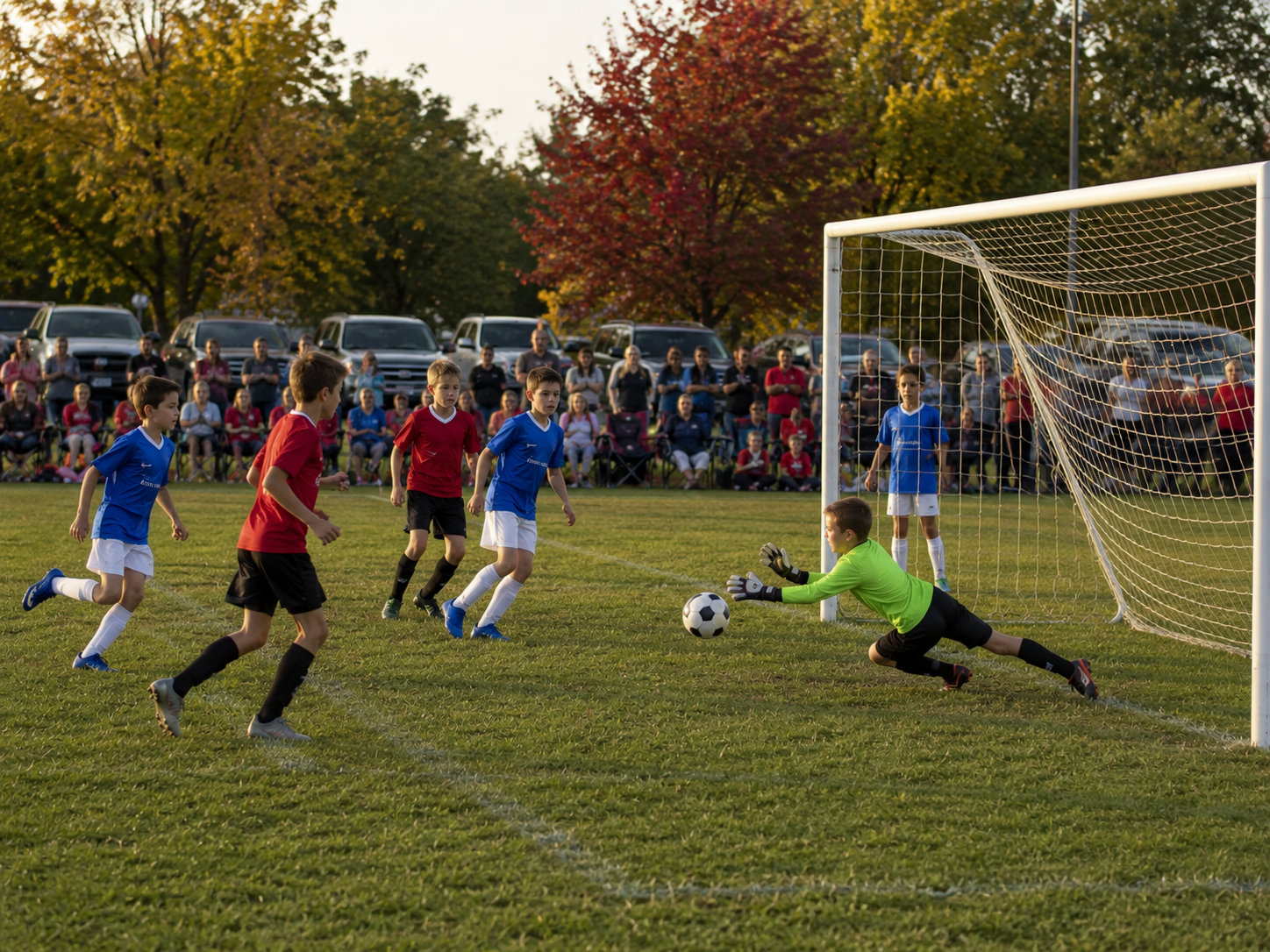 Youth soccer goalkeeper dives to block a shot during a fall evening game with spectators watching.