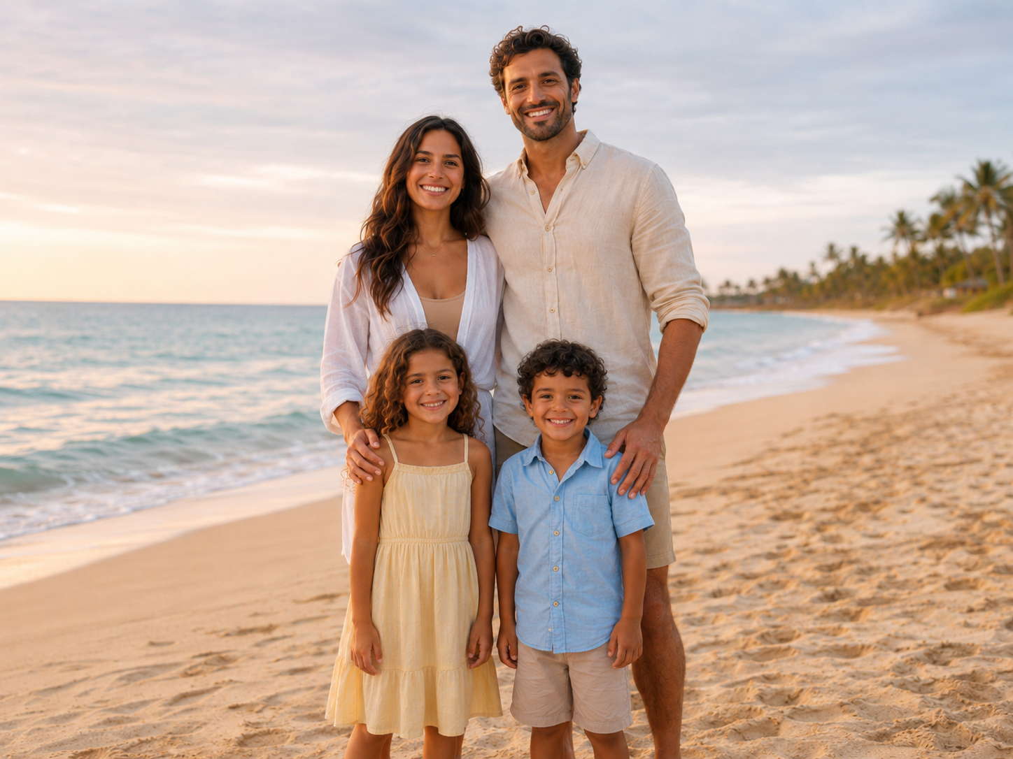 Happy family of four standing together on a sandy tropical beach at golden hour with palm trees in background.