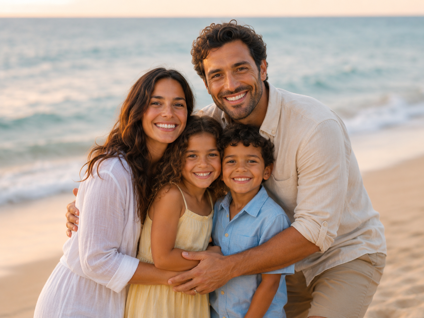 Happy family of four smiling together on a sunny beach, parents embracing two children with ocean waves in the background.