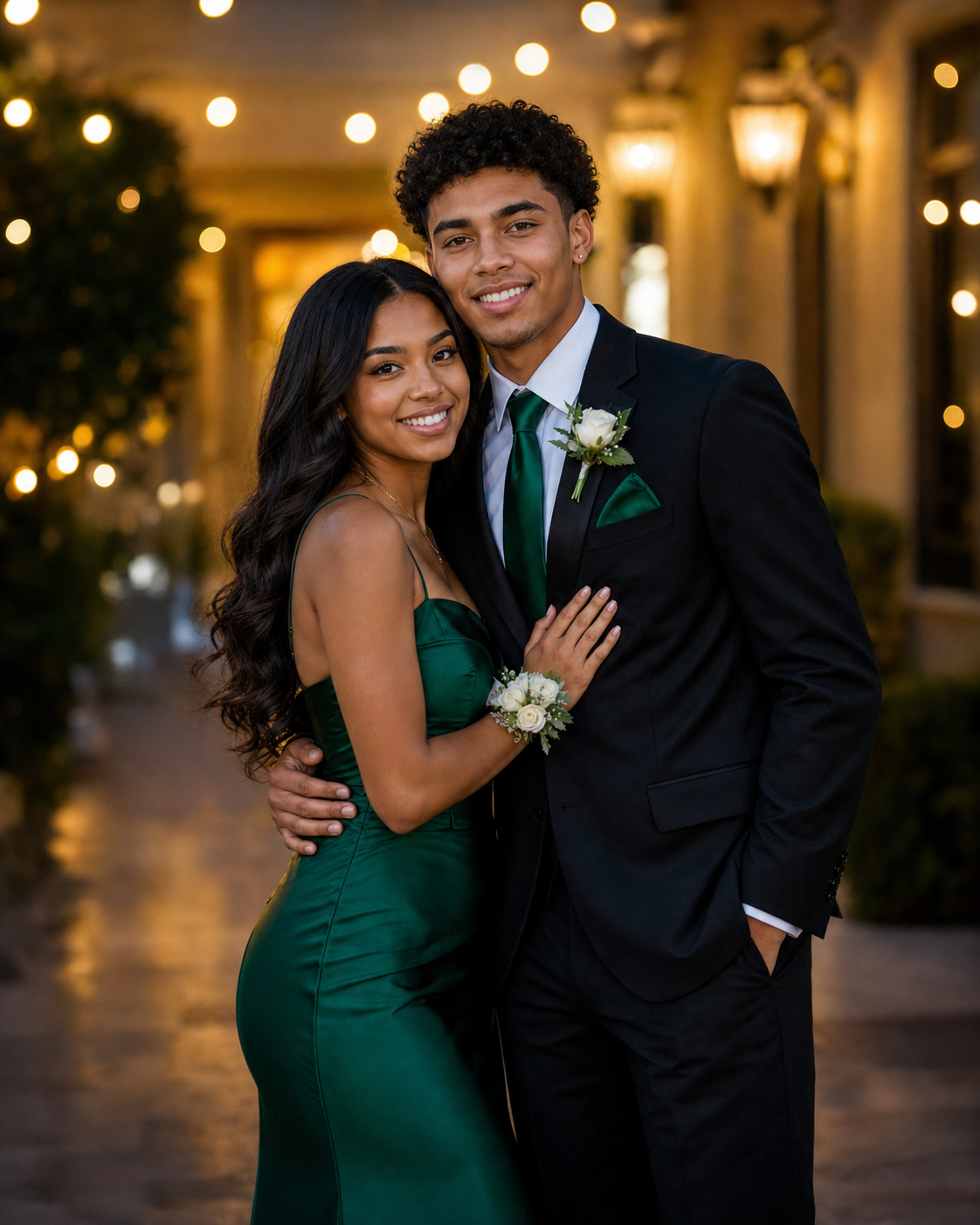 A couple dressed for prom, she in a green gown with wrist corsage, he in a black suit with green tie and boutonniere.