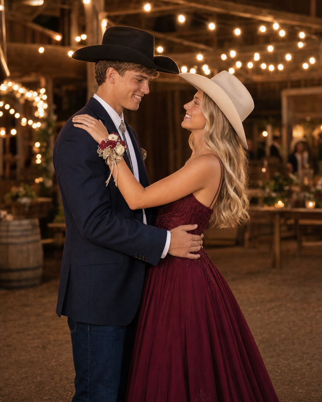Couple dancing in a rustic barn venue, man in navy suit with cowboy hat, woman in burgundy gown with cream hat.