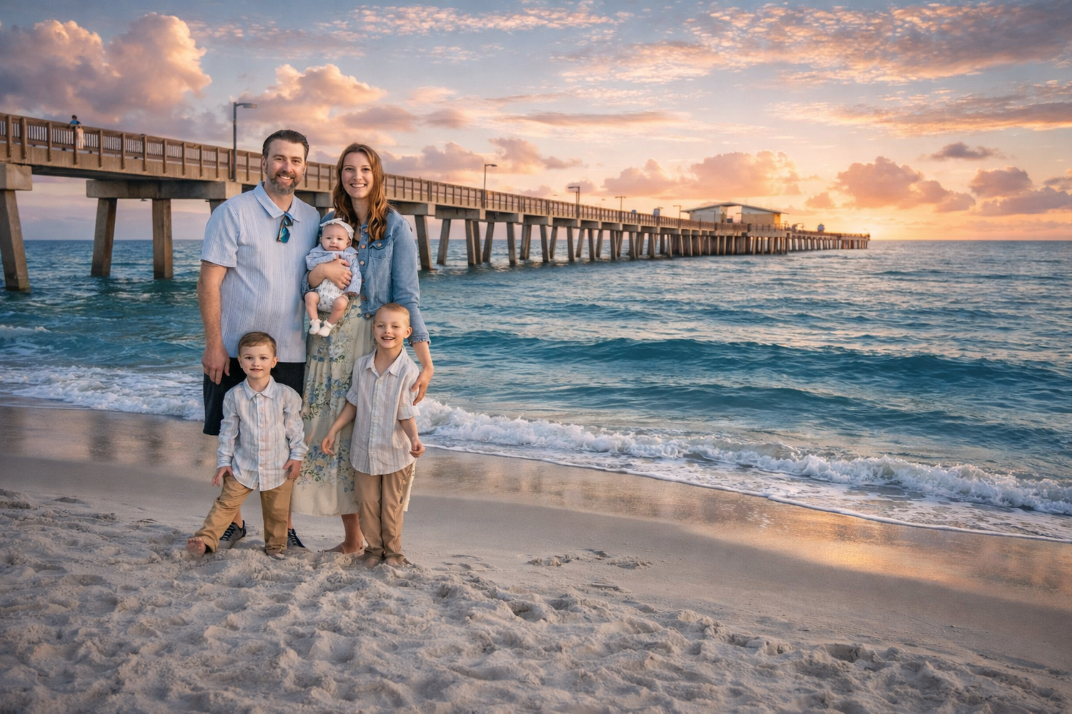 Family enjoys a sunset photoshoot on the beach with a wooden pier and colorful sky in the background.