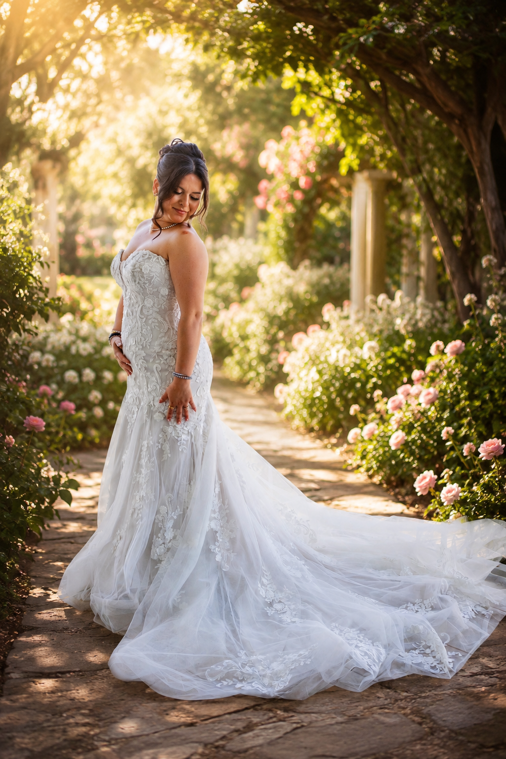 Bride in a white lace mermaid gown stands in a sunlit garden path surrounded by blooming roses.