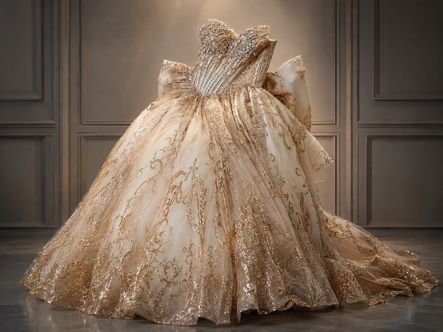 Opulent gold ball gown with intricate lace embroidery, sweetheart neckline, and dramatic ruffled skirt on display.