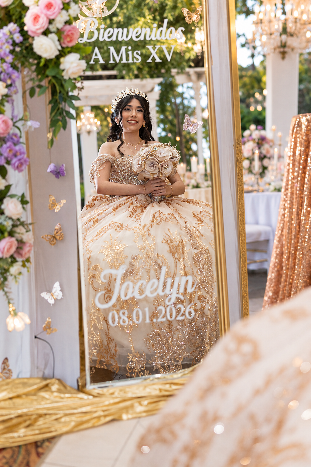 Jocelyn smiles in gold sequin quinceañera ball gown reflected in decorated mirror for her XV celebration.