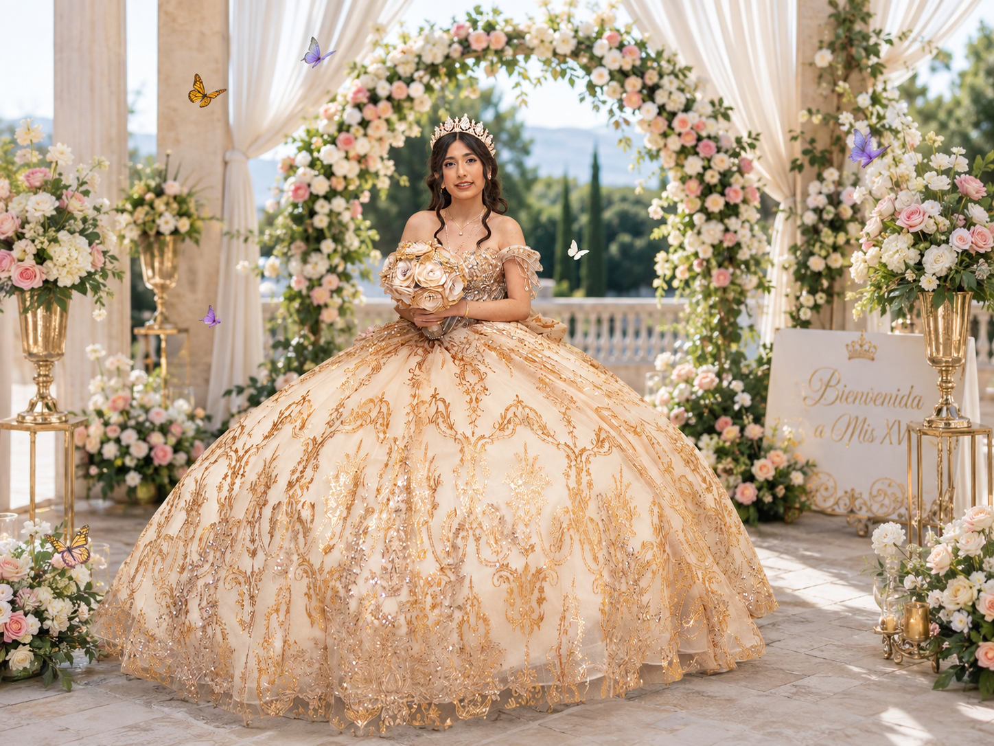 Elegant quinceañera girl in gold embroidered ball gown standing under floral arch with pink and white flowers.