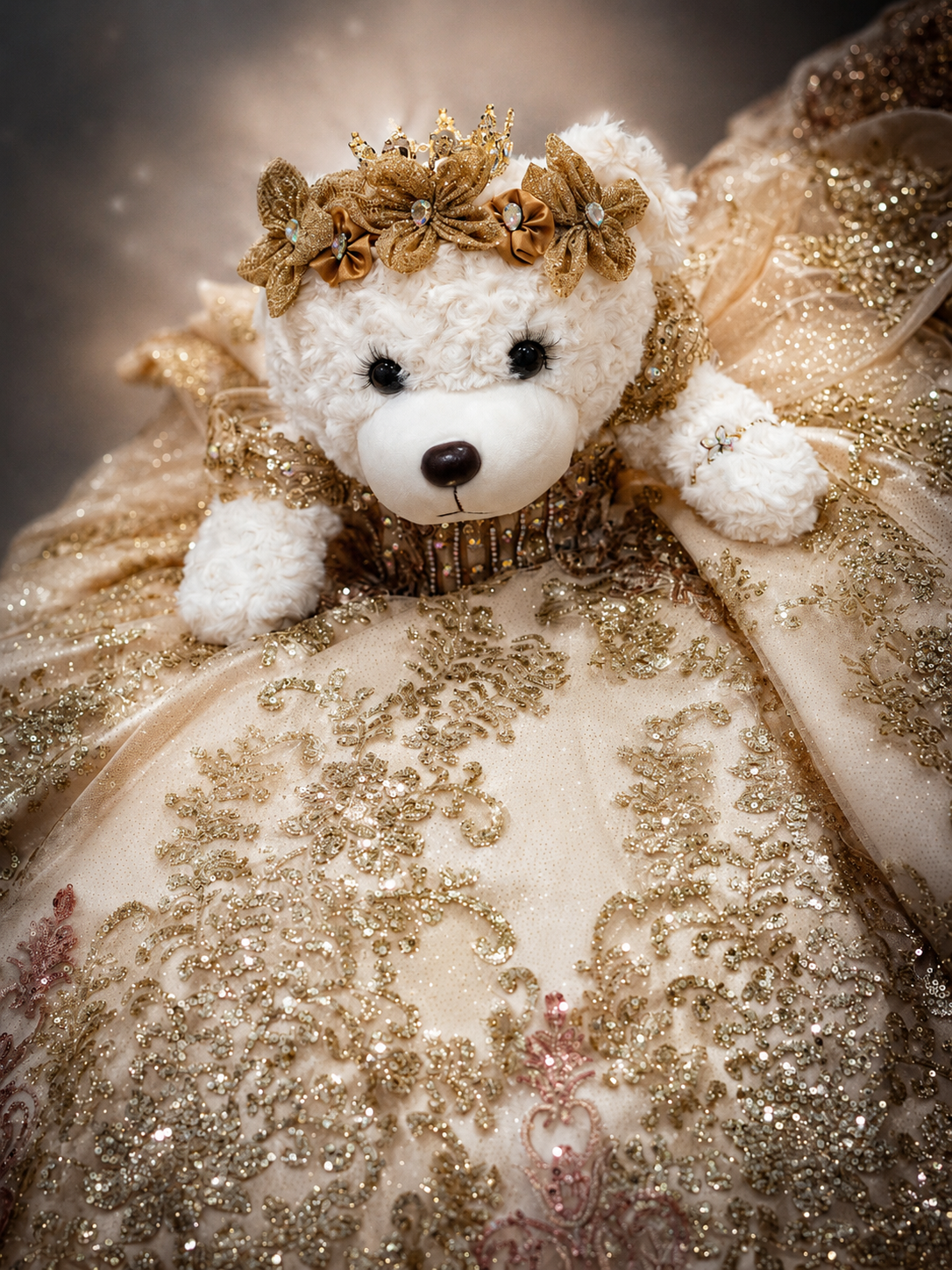 A white teddy bear wearing a gold floral crown, dressed in an ornate gold embroidered gown with glittering details.