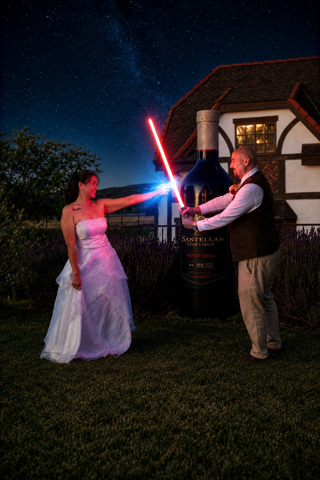 Bride and groom dueling with Star Wars lightsabers at night under a starry sky near a winery.