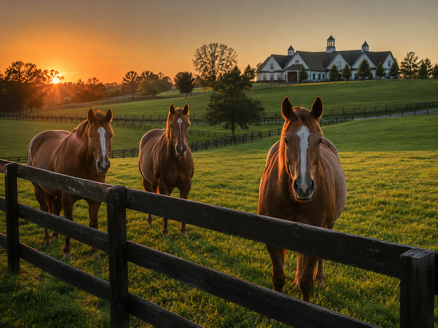 Three chestnut horses stand at a wooden fence on a lush green farm at sunset with a white estate home in background.