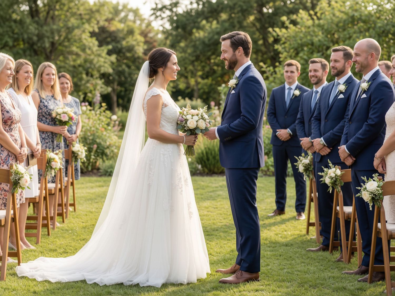 Outdoor wedding ceremony with bride in white gown and groom in navy suit exchanging vows before guests on green lawn.