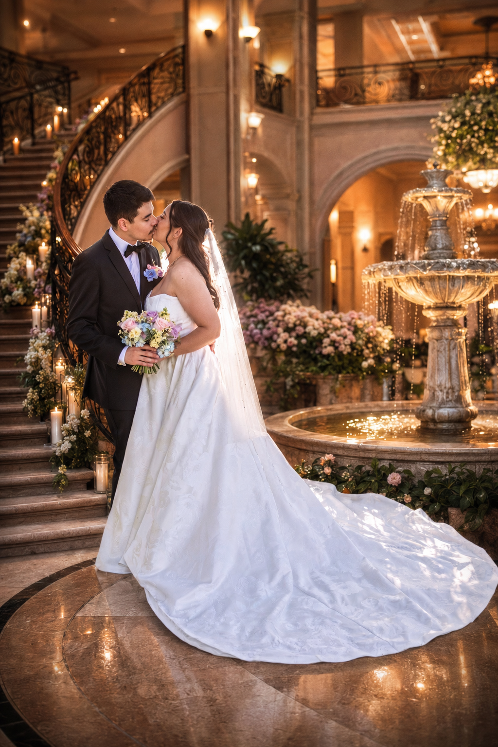 Bride and groom share a romantic moment near an ornate fountain in an elegant venue with grand staircases and floral decor.