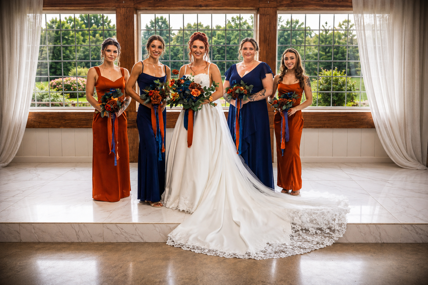 Bride in white gown poses with four bridesmaids in navy and rust dresses holding bouquets indoors.