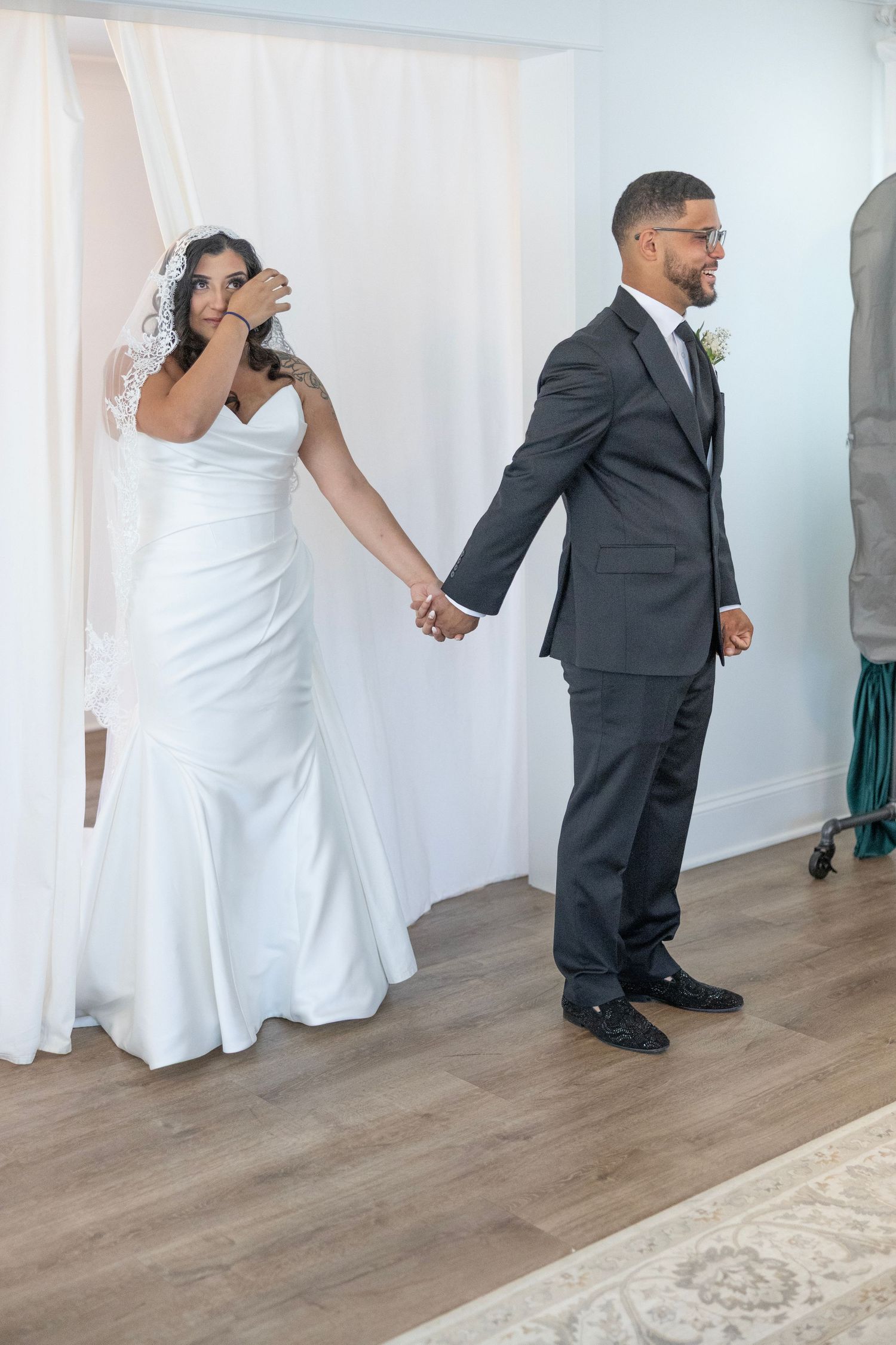 A sequence of photos showing a couple dancing at a wedding reception on wooden floors beside white curtains.