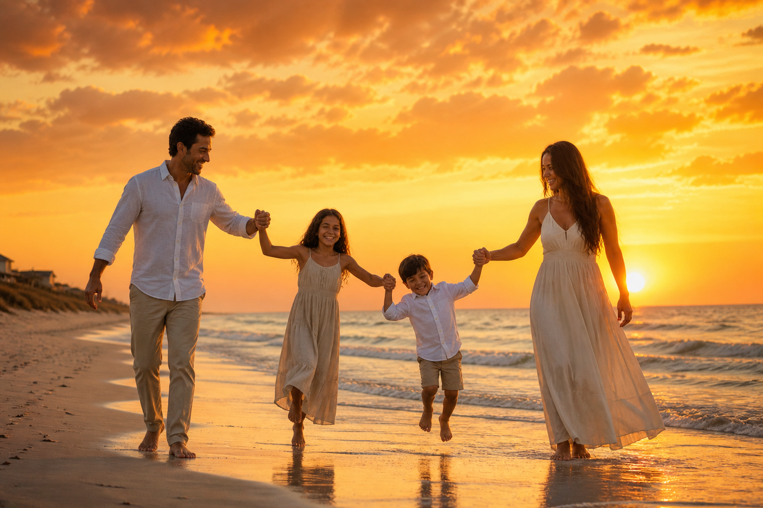Happy family of four holding hands walking on beach at golden sunset, wearing white and beige outfits.