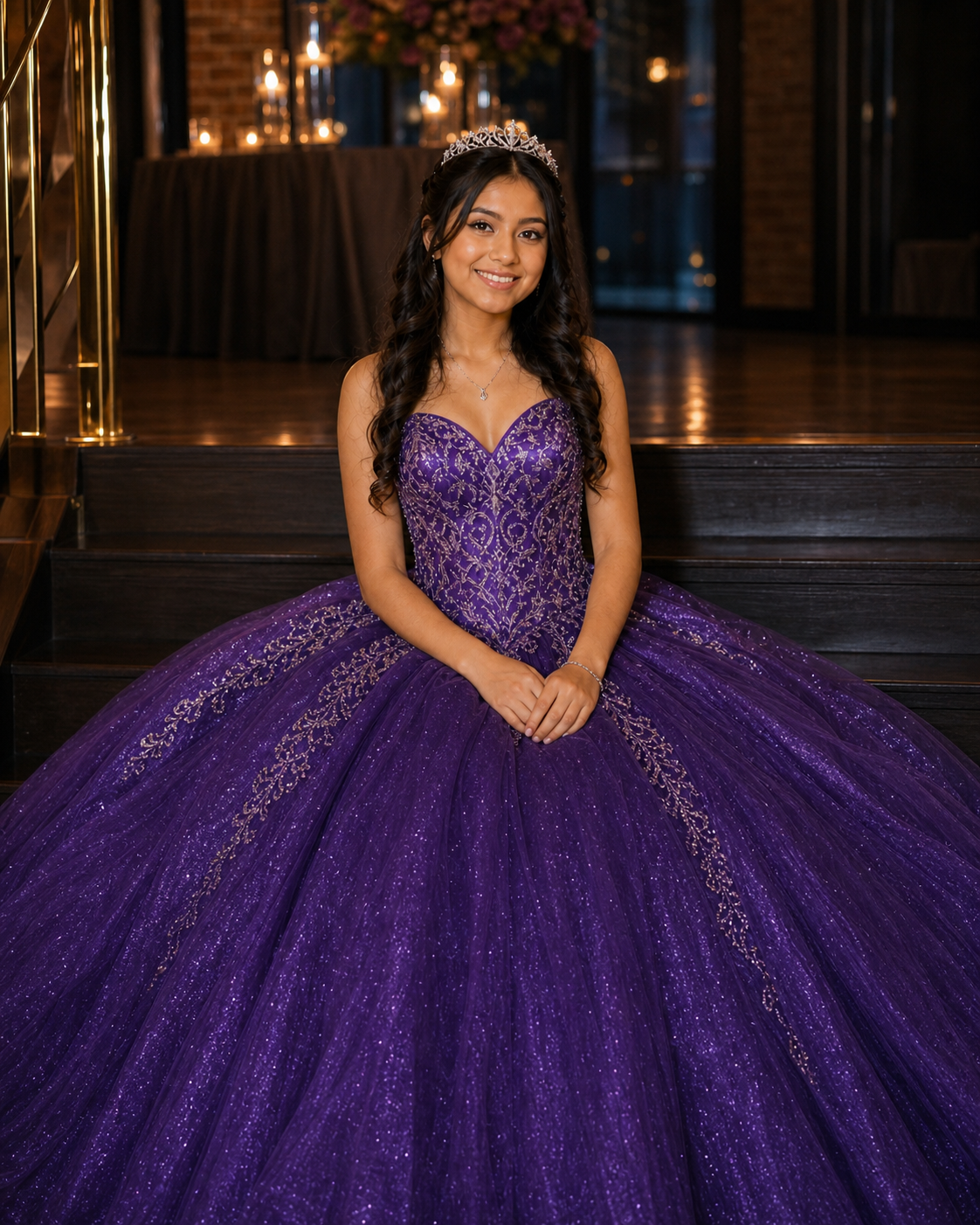 Young woman in a sparkling purple quinceañera ball gown with gold embroidery and tiara poses elegantly.