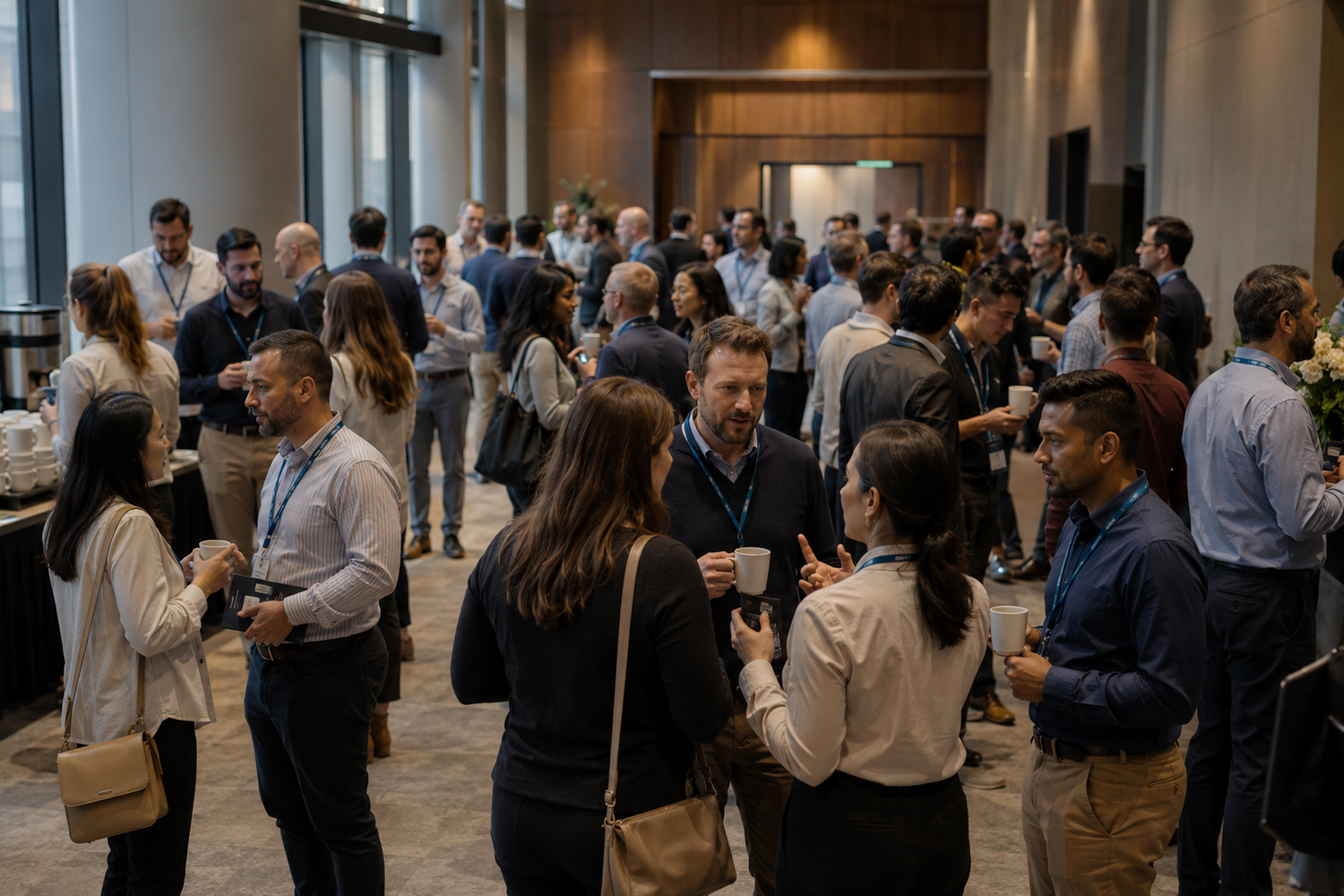 Professionals networking at a corporate event in a modern venue.