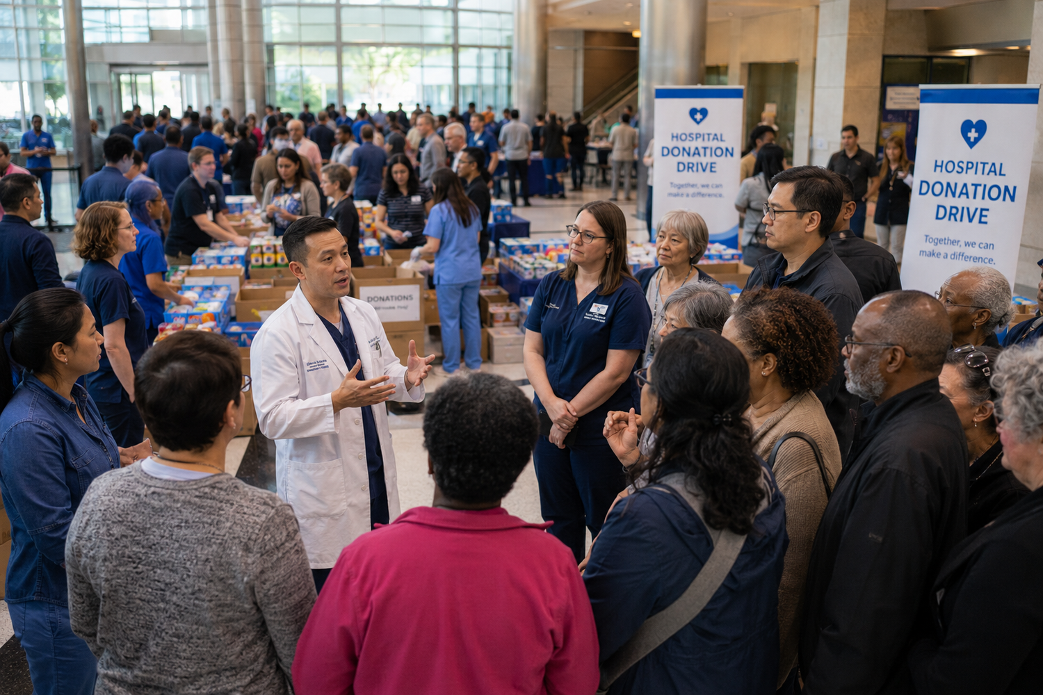 Medical professionals speaking at a hospital donation drive event in a busy lobby with attendees gathered around.