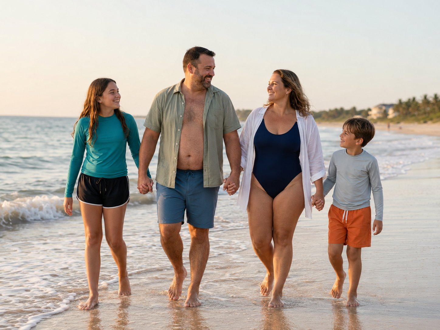 Family of four walking hand-in-hand along a sunny beach, smiling and enjoying a vacation together.
