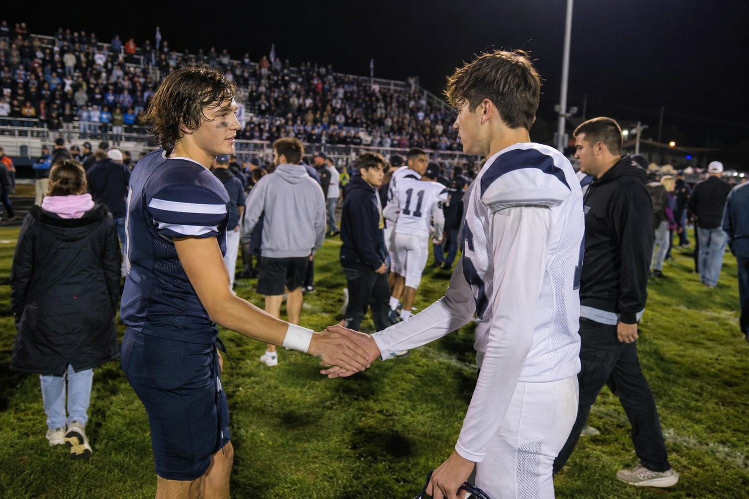Two football players shake hands on the field after a night game with fans in the stands.