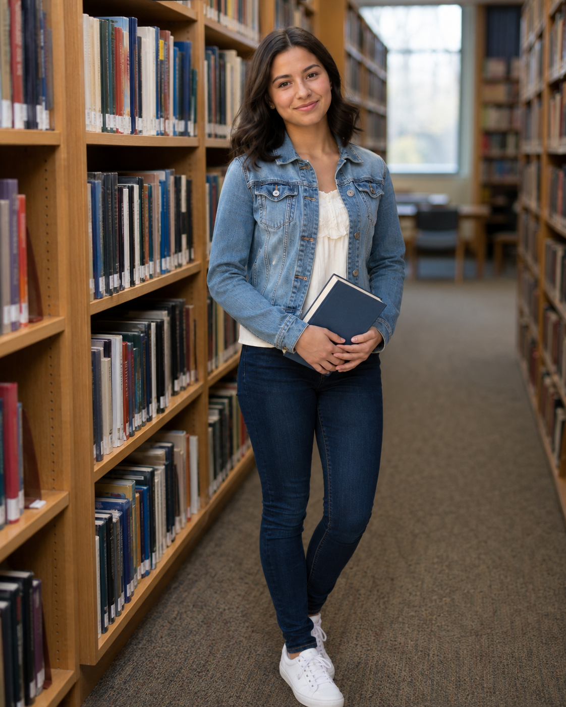 Young woman in denim jacket holding books while standing in a library aisle between bookshelves.