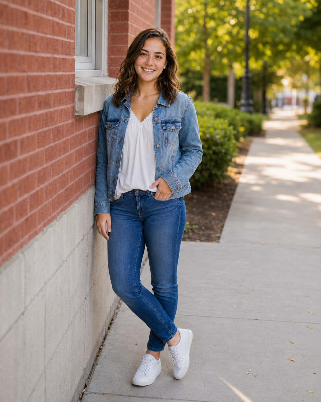 Young woman in denim jacket, white top, and jeans leaning against brick wall on sunny sidewalk.