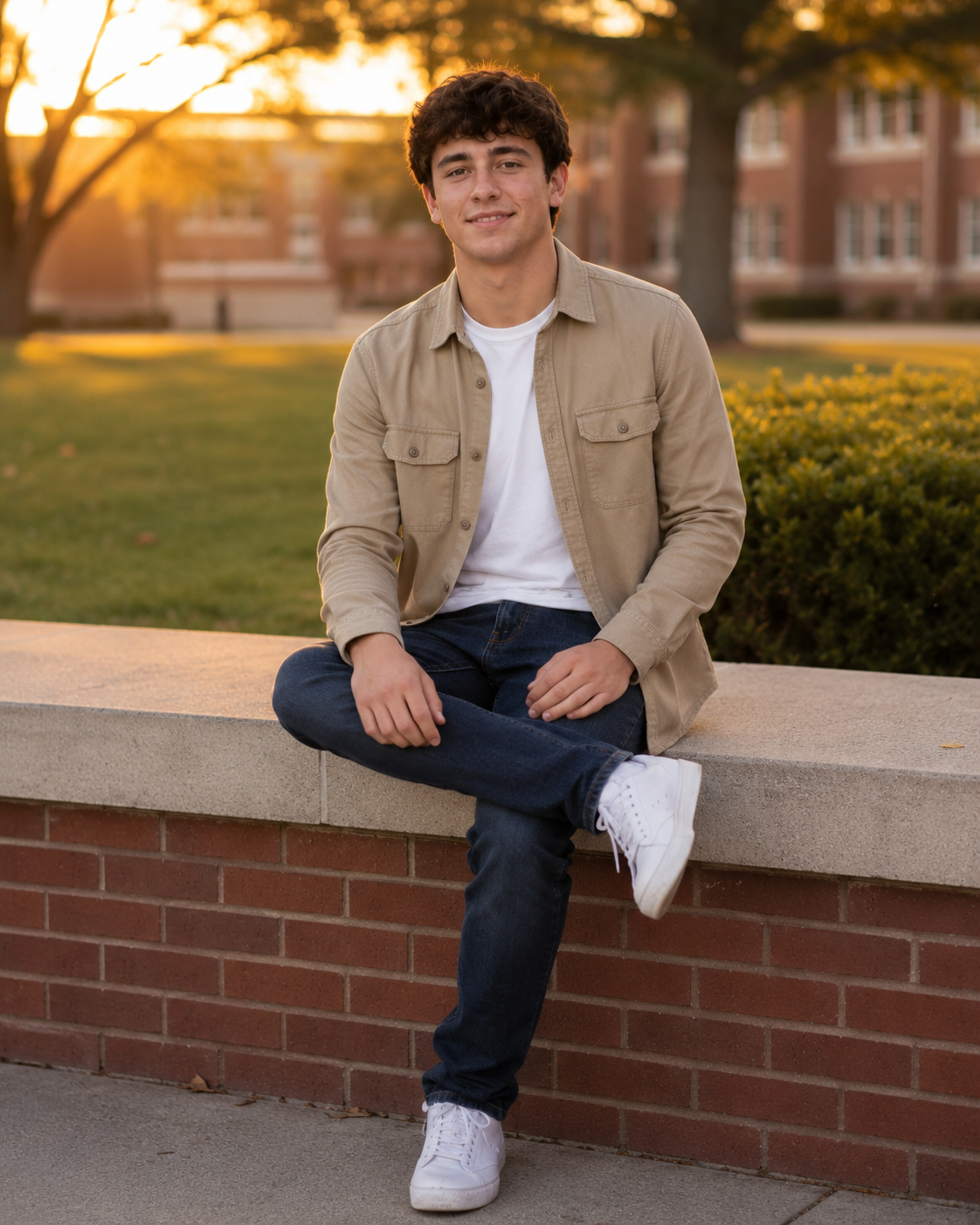 Young man in tan shirt and jeans sitting on brick wall at golden hour on campus.