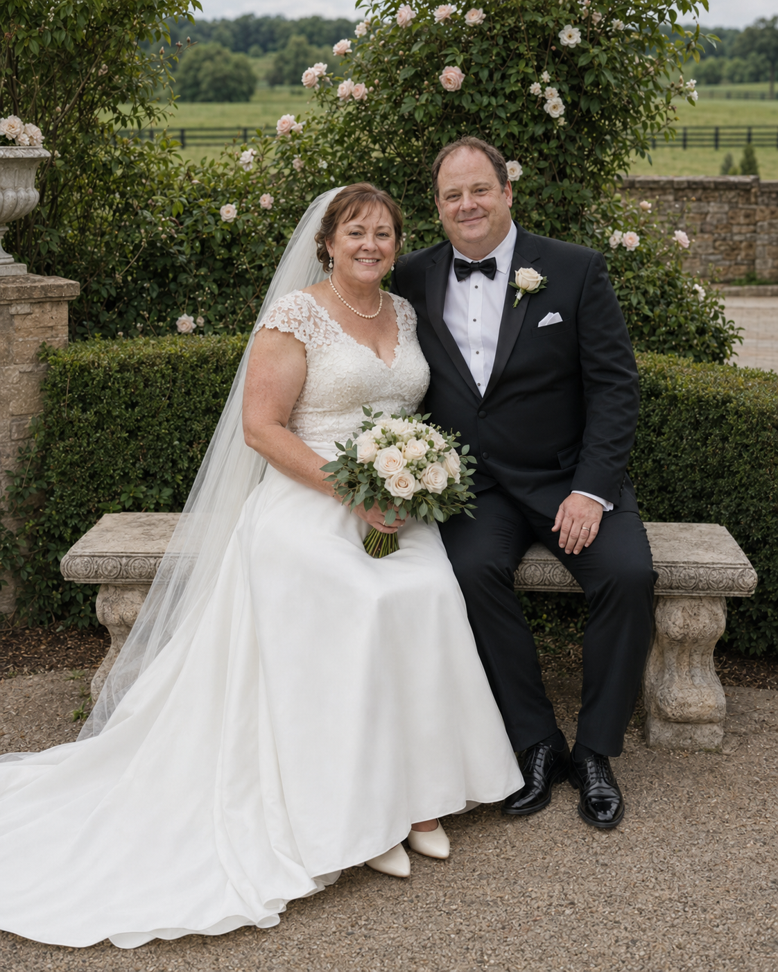 A bride and groom pose together on a stone bench in a lush garden, she in a white gown with veil, he in a black tuxedo.