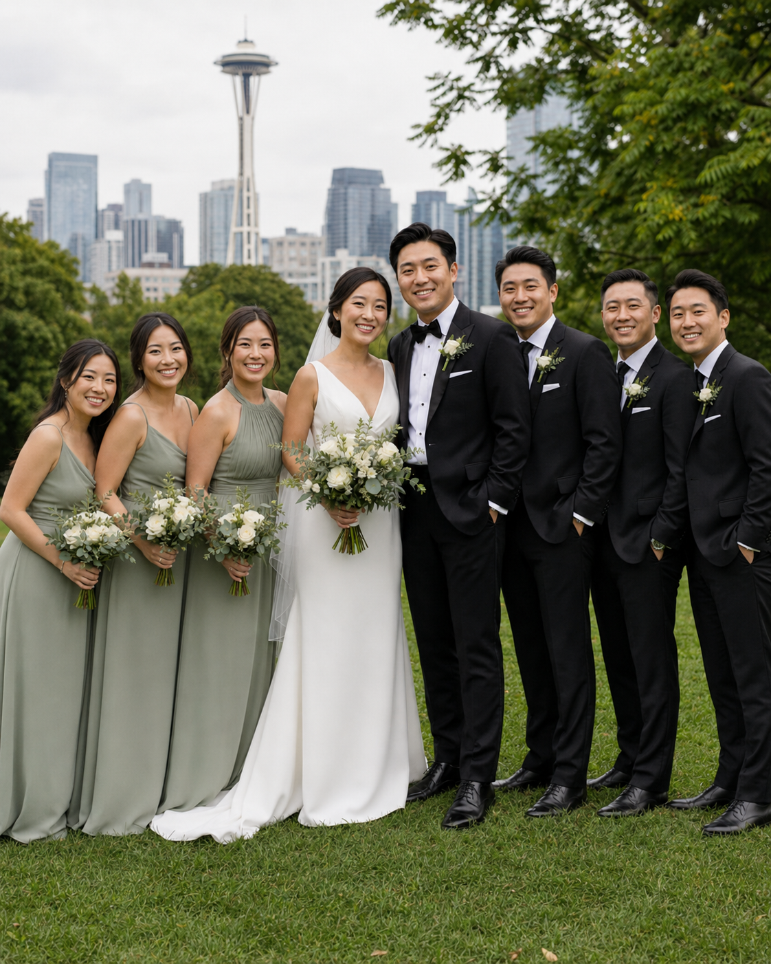 Wedding party poses in Seattle with Space Needle backdrop, bridesmaids in sage green gowns and groomsmen in black tuxedos.