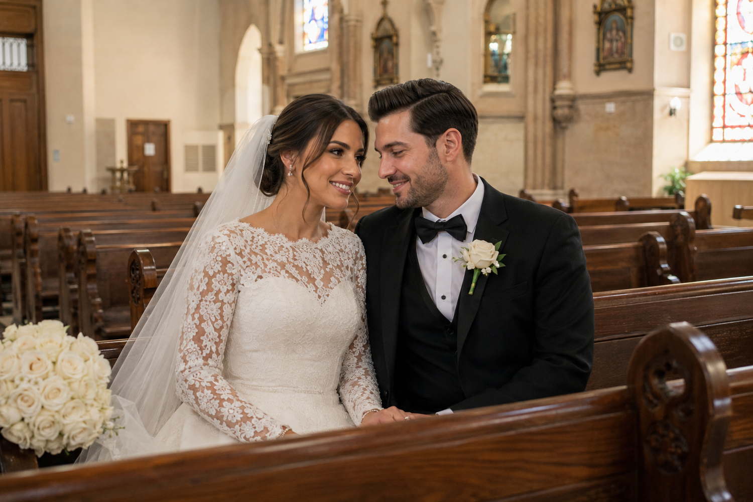 Newlyweds share a tender moment seated in church pew on their wedding day.