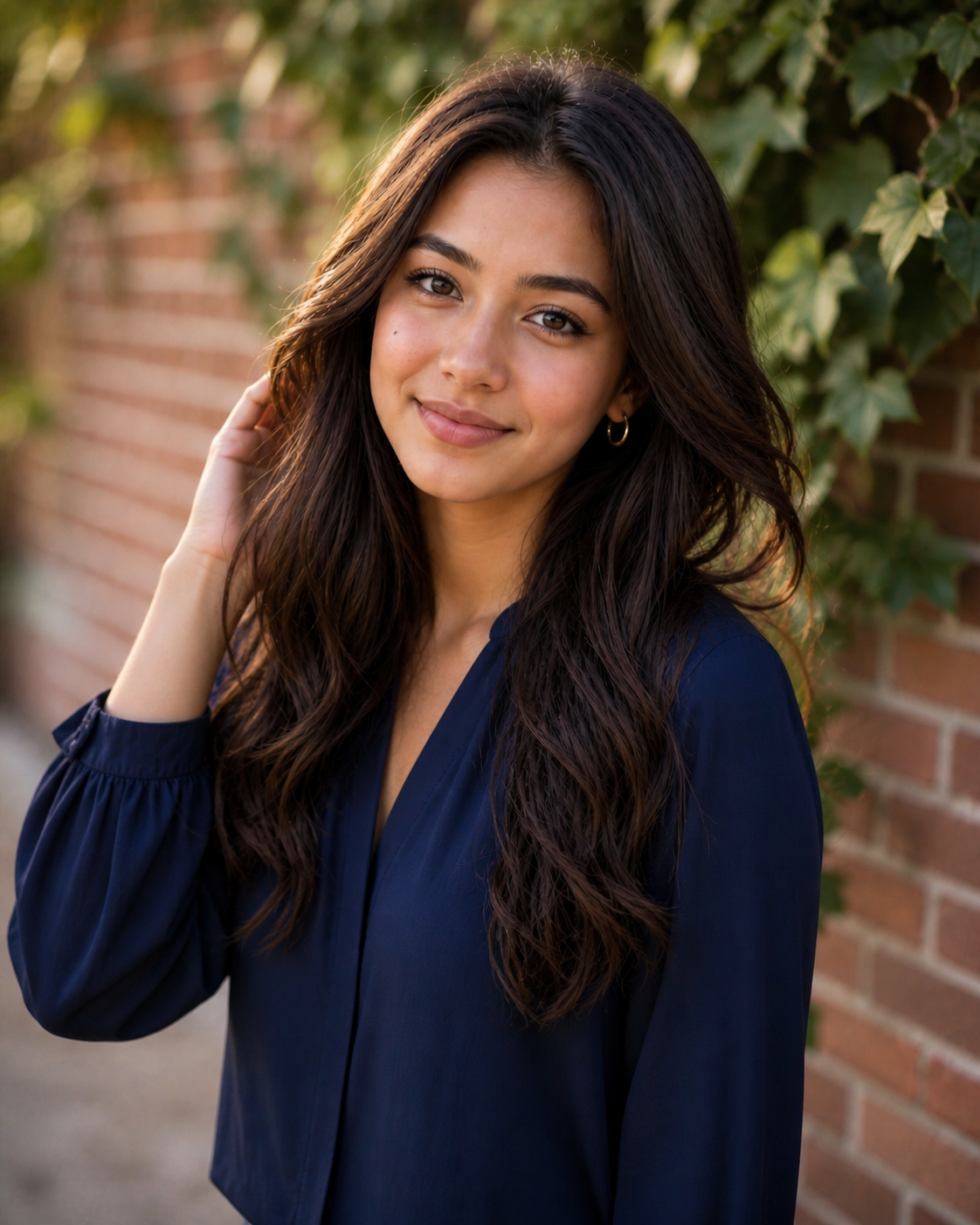 Young woman in navy blouse posing against brick wall with ivy for senior portrait photography.