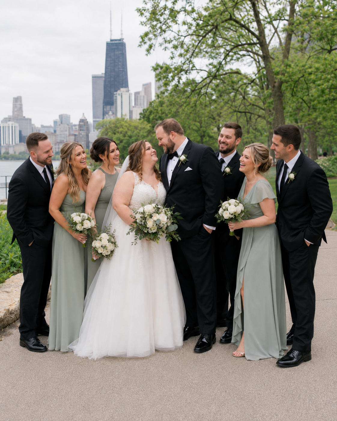 Wedding party poses in sage green and black attire with Chicago skyline backdrop, bride and groom sharing a tender moment.