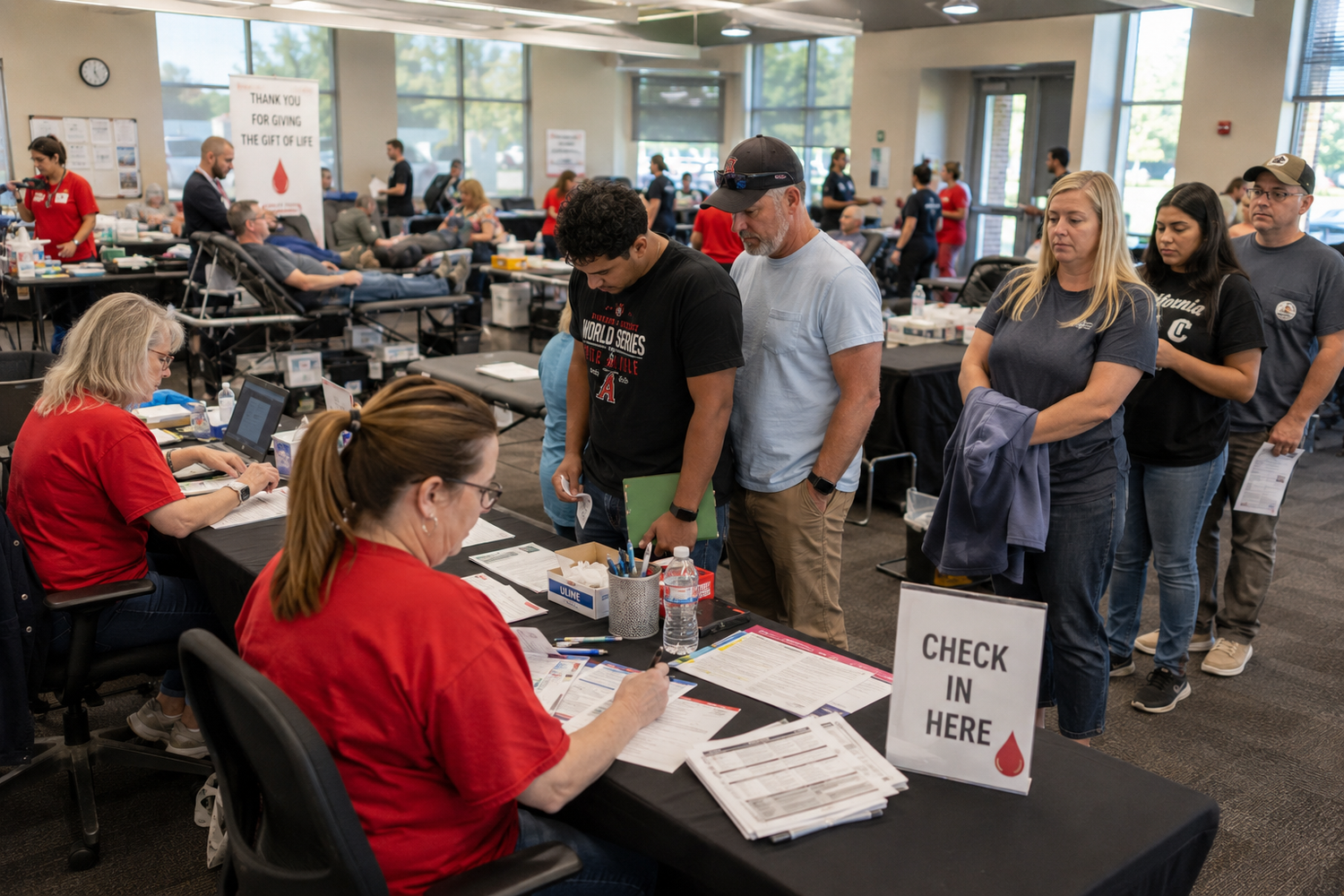 People checking in at a blood drive event with volunteers in red shirts assisting donors at registration tables.
