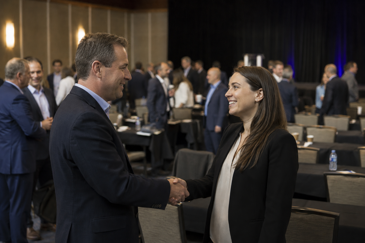 Two professionals shaking hands at a formal business networking conference event indoors.