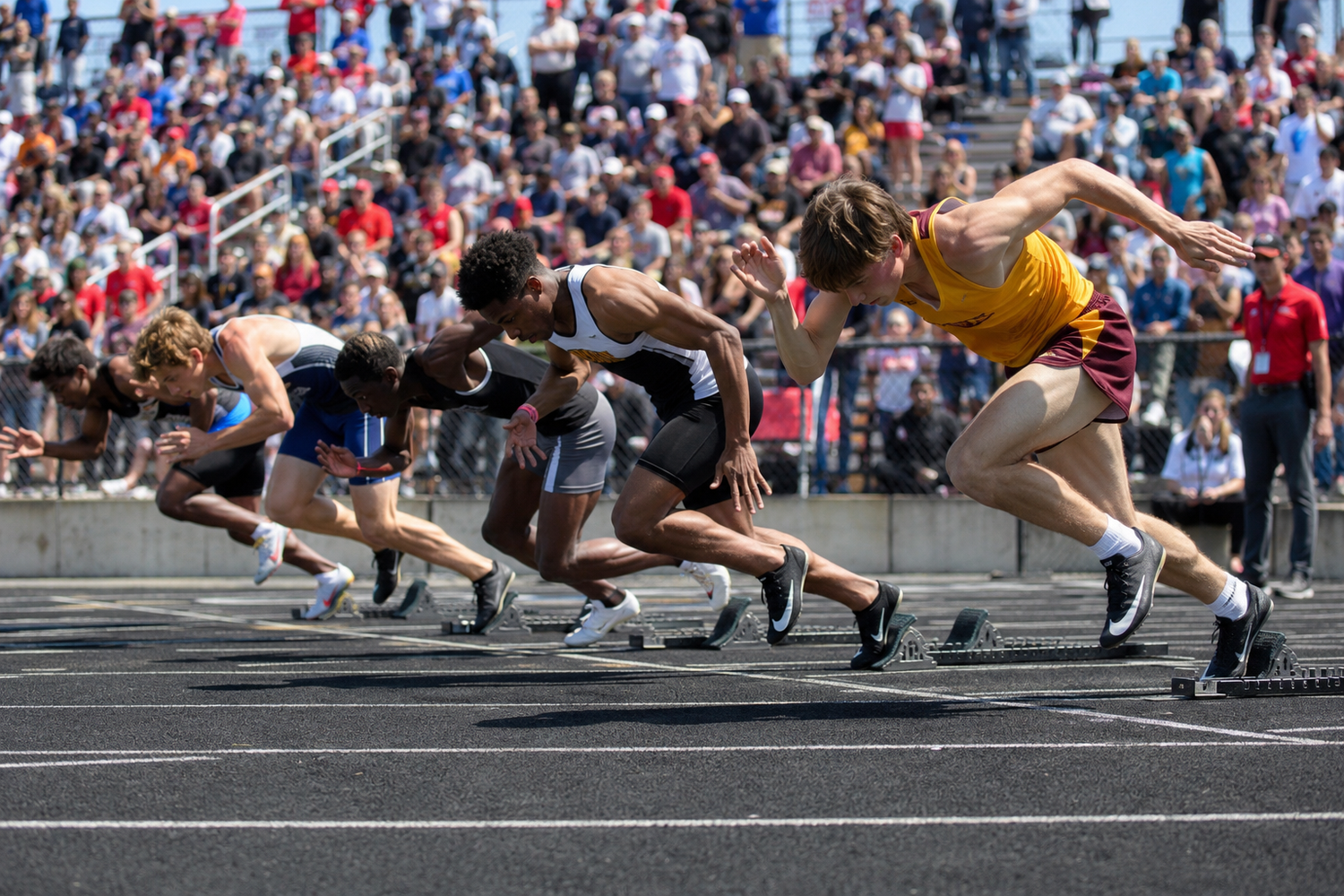 Runners explode off the starting blocks in a competitive high school track sprint race with packed spectator stands.