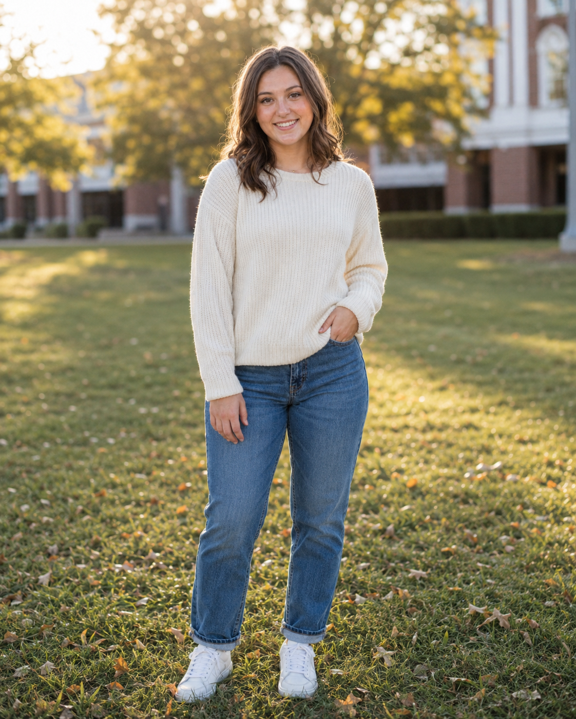 Smiling young woman in cream sweater and jeans standing on a sunlit campus lawn.