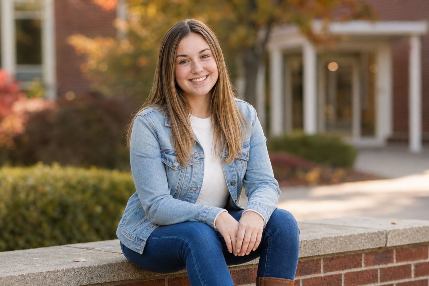 Smiling teenage girl in denim jacket sitting on brick wall outdoors for fall senior portrait photo.