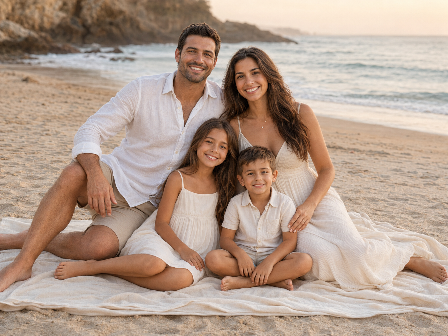 Family of four sitting on a blanket on a sandy beach at sunset, wearing coordinated white outfits.