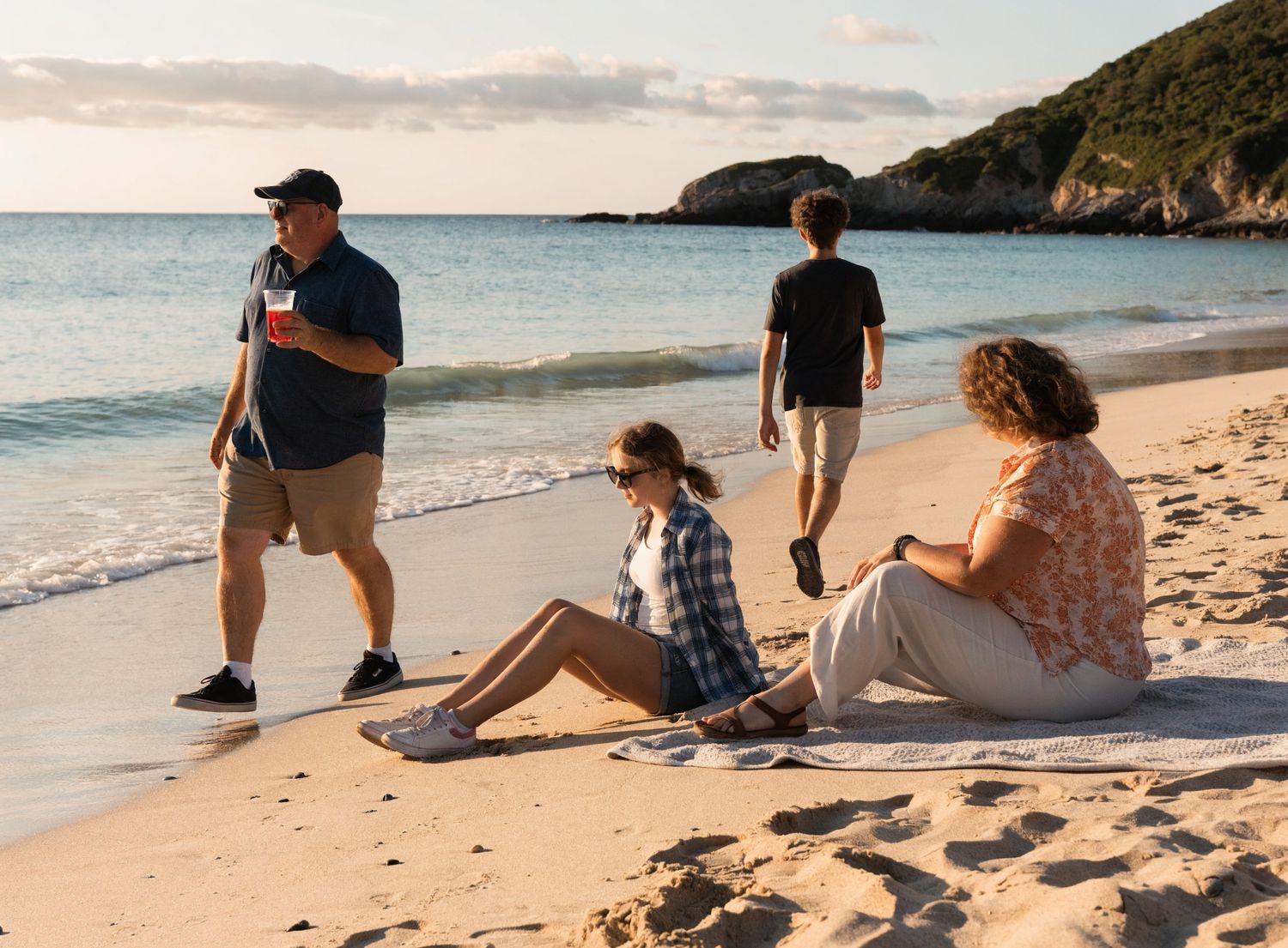 Group of four people relaxing on a sandy beach at sunset, two sitting and two walking near the water.