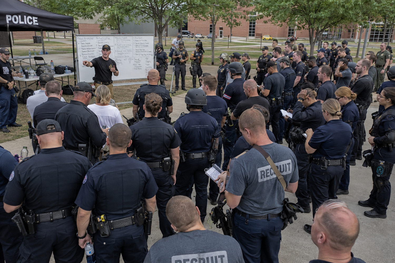 Police recruits and officers gather outdoors for training briefing near police tent at academy.