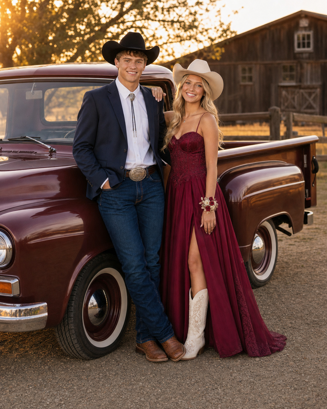 A couple in Western prom attire pose by a vintage maroon truck at golden hour near a rustic barn.