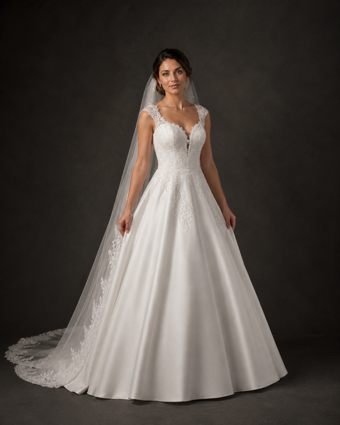 Elegant A-line wedding gown with lace bodice, cap sleeves, satin skirt, and cathedral veil on a brunette model.